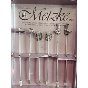 Vintage 1979 Metzke Antique Pewter Western Themed Cocktail Forks Set Of 6